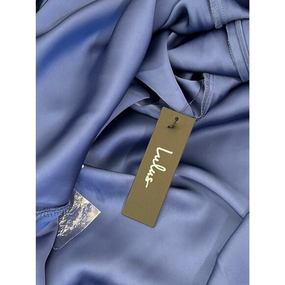 Lulu's Women's XS Classic Elegance Blue Satin Sleeveless Mock Neck Maxi Dress - Picture 7 of 11